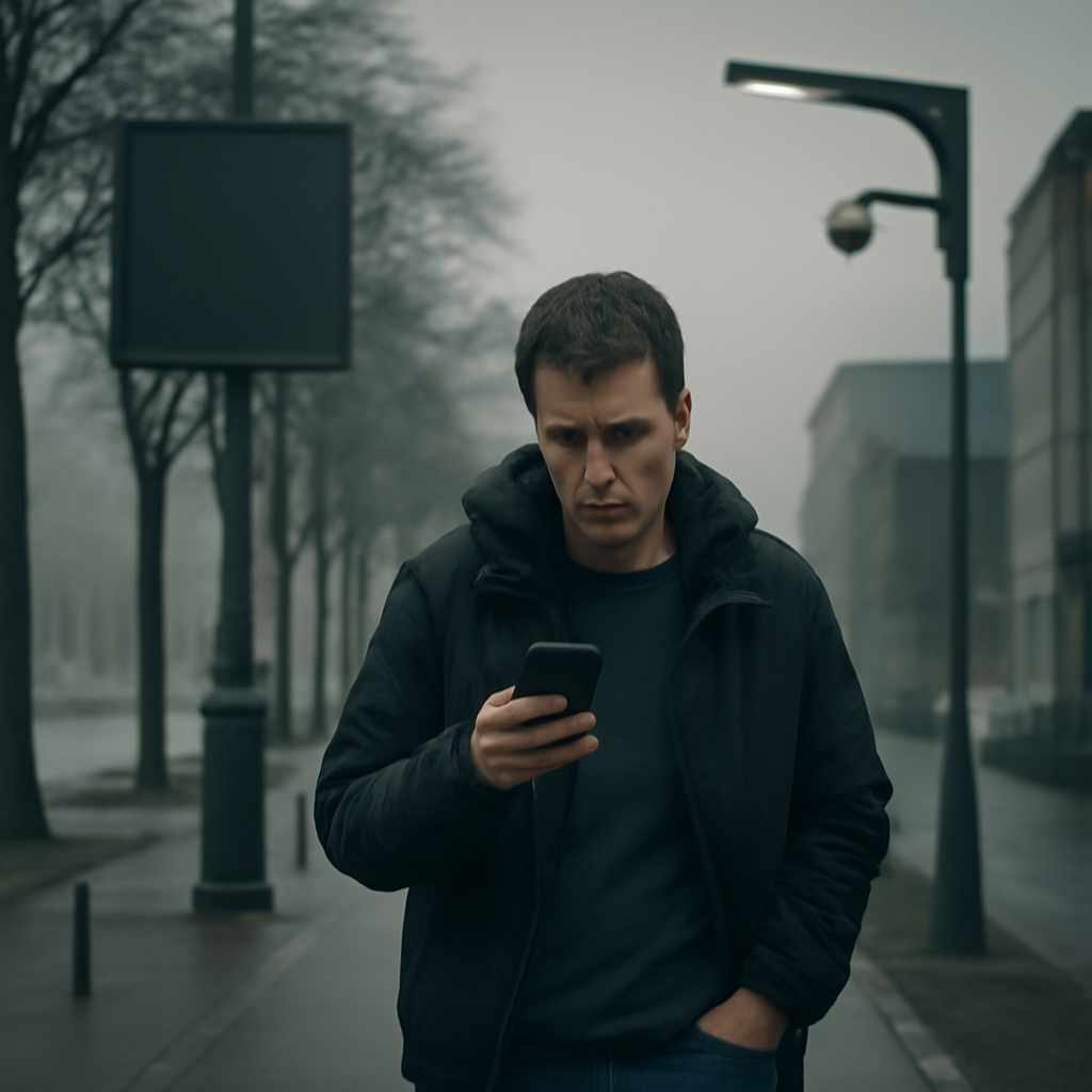 Person walks away from camera on city street with smart streetlight in background.