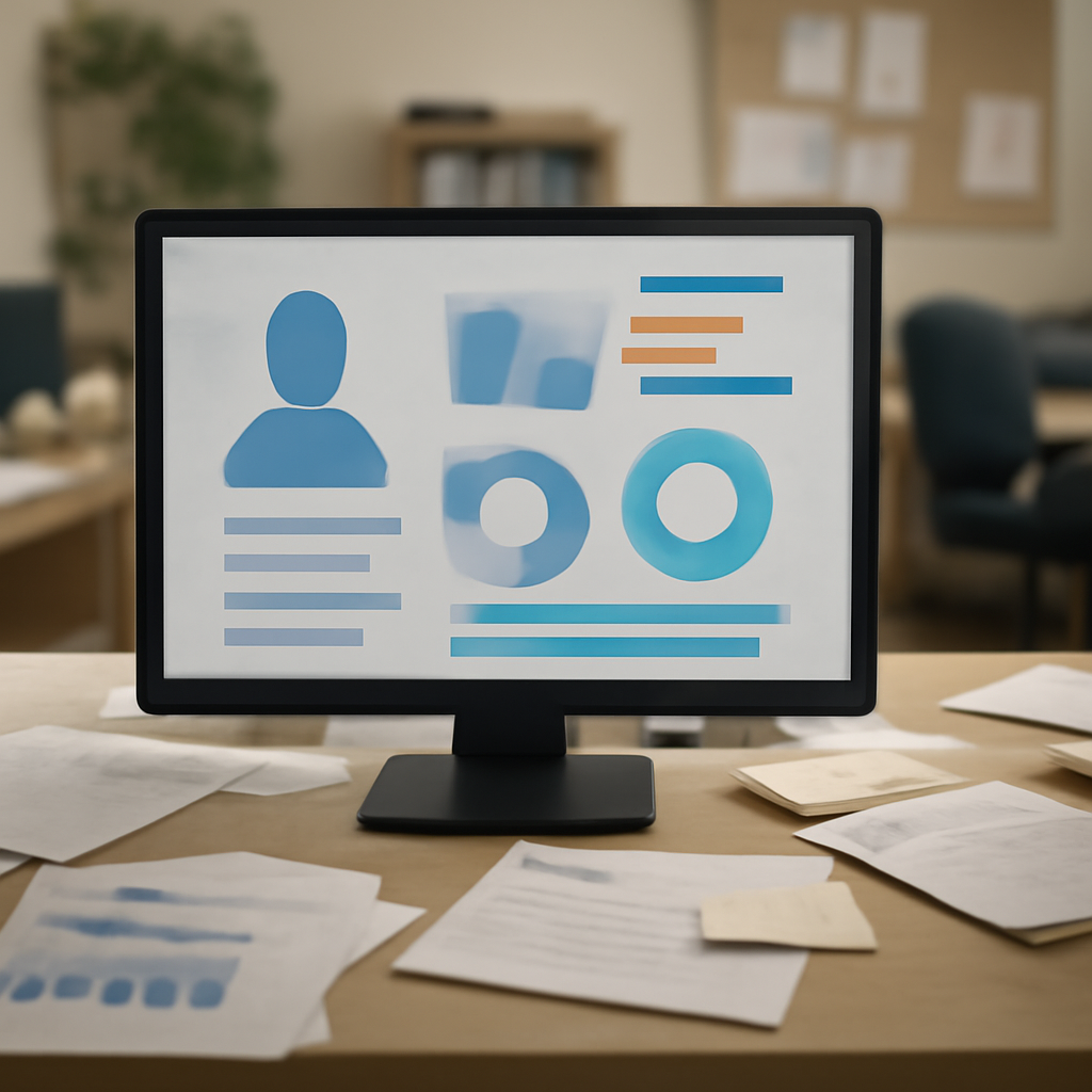Cluttered office desk with computer screen displaying customer data amidst scattered papers.