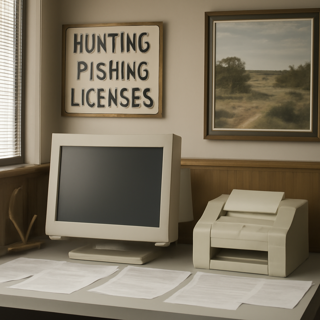 Computer terminal with blurred screen surrounded by papers in a Texas office setting.