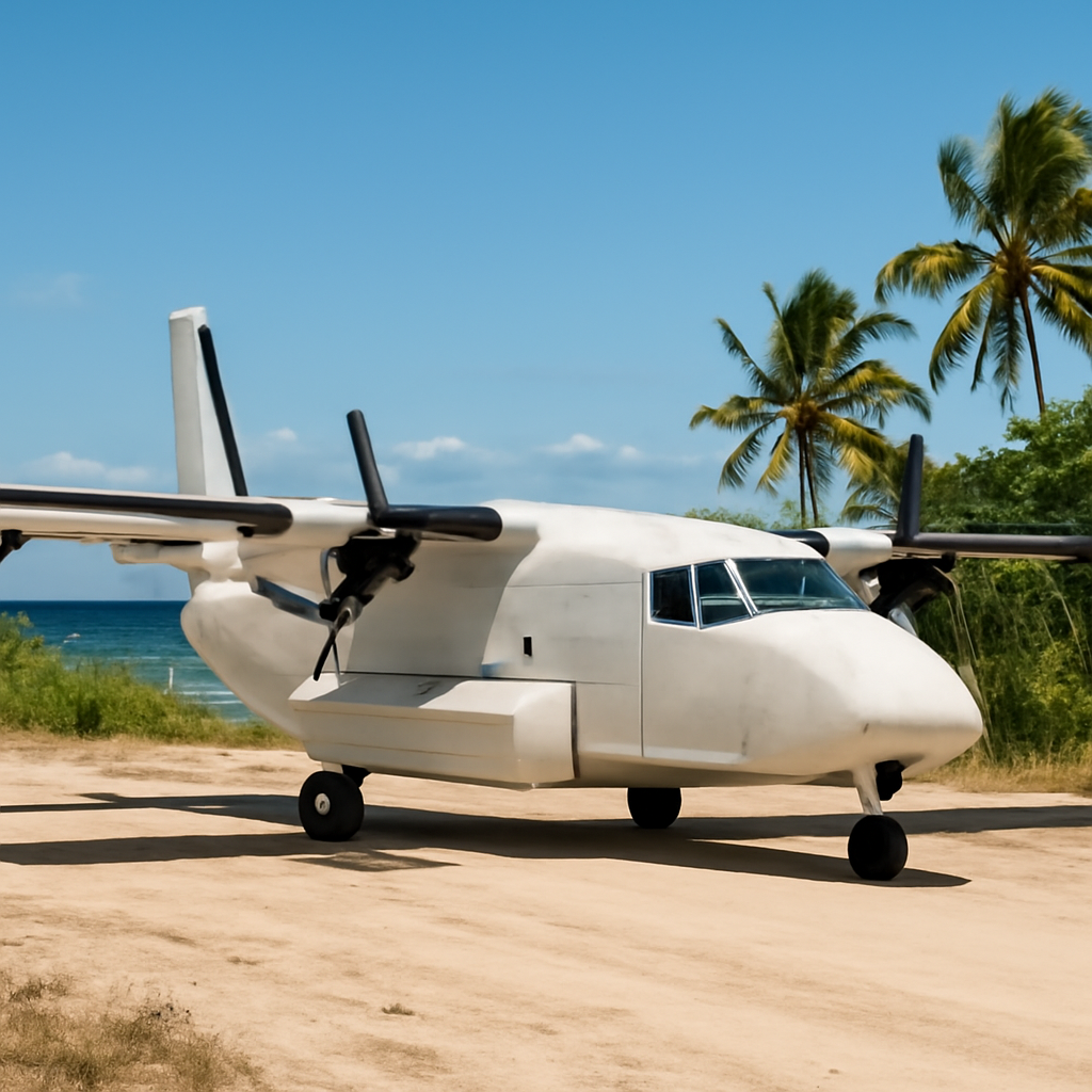 Unmanned Cessna Skycourier on a tropical airstrip surrounded by palm trees and lush vegetation.