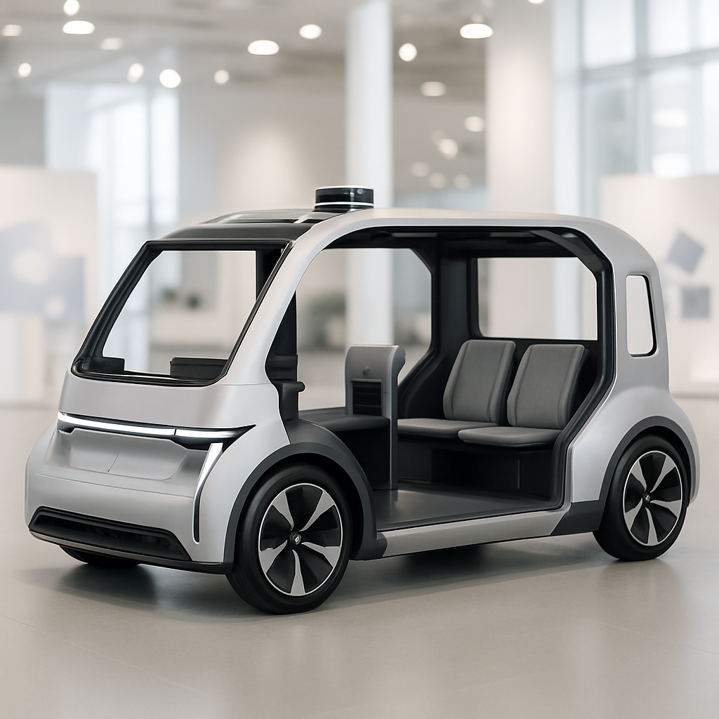 Futuristic autonomous vehicle on display with sleek design and advanced technology features.