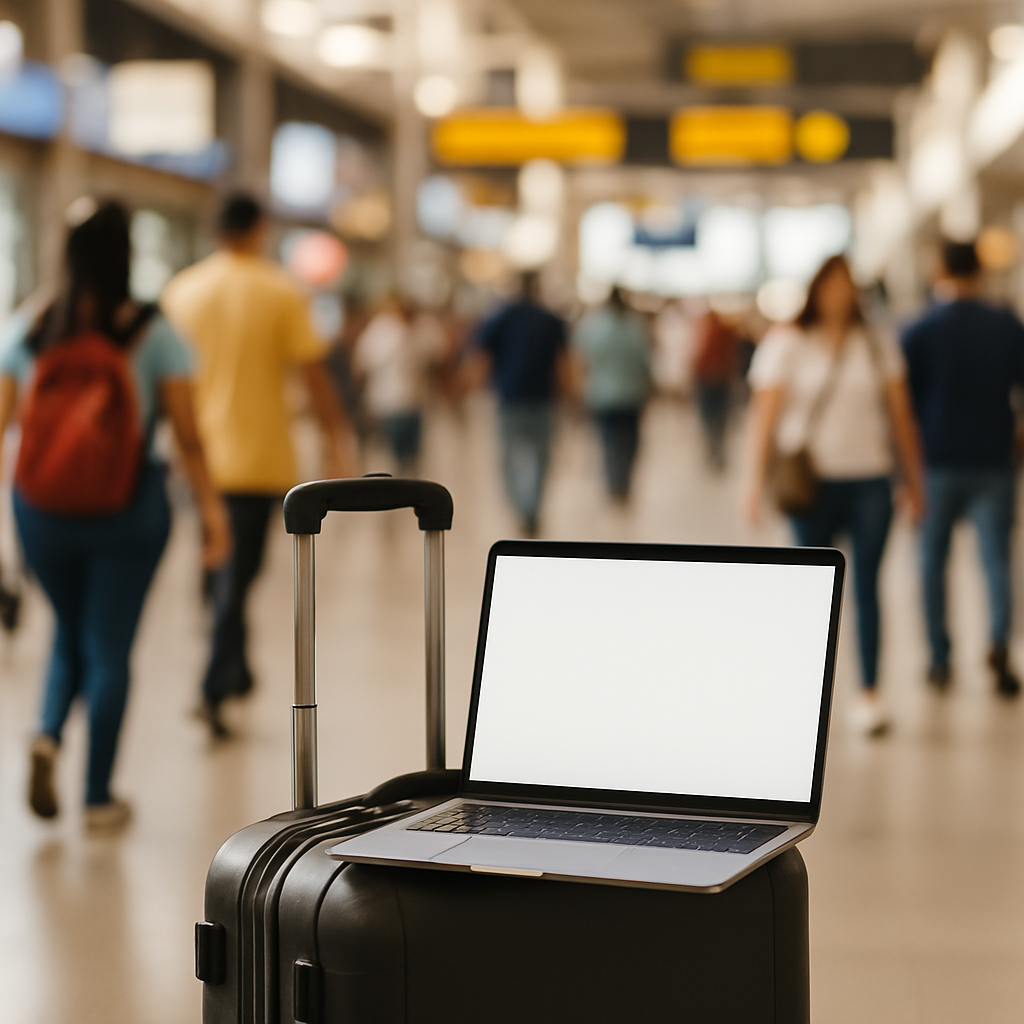 Busy airport terminal in Central or South America with laptop on luggage cart.