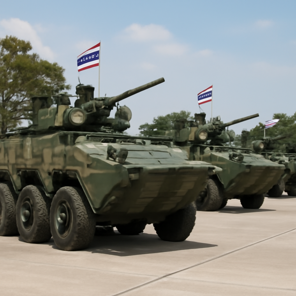 Royal Thai Army convoy of VN-1C armored vehicles on a paved road in rural Thailand.