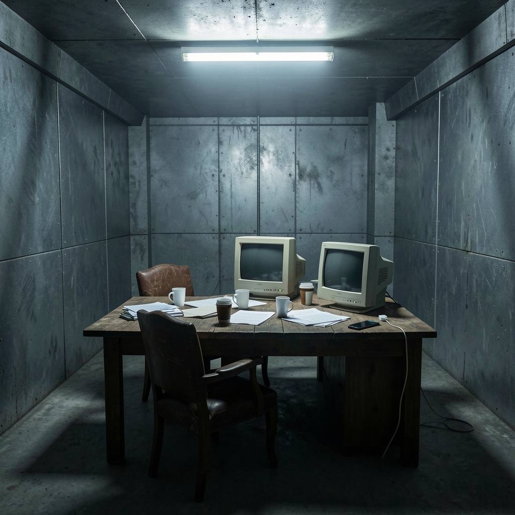 Dimly lit underground bunker with a wooden table, chair, and scattered papers.