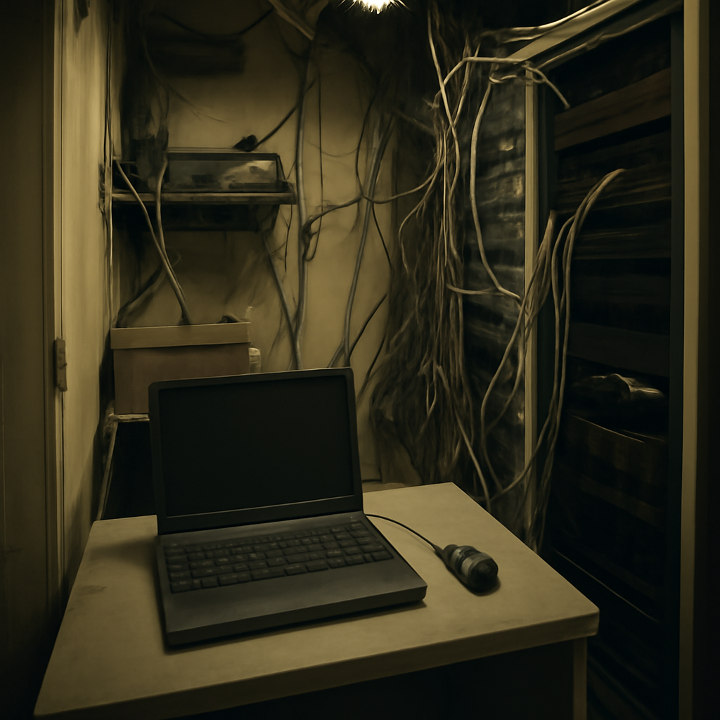 Dimly lit server closet with cluttered computer equipment and cables.