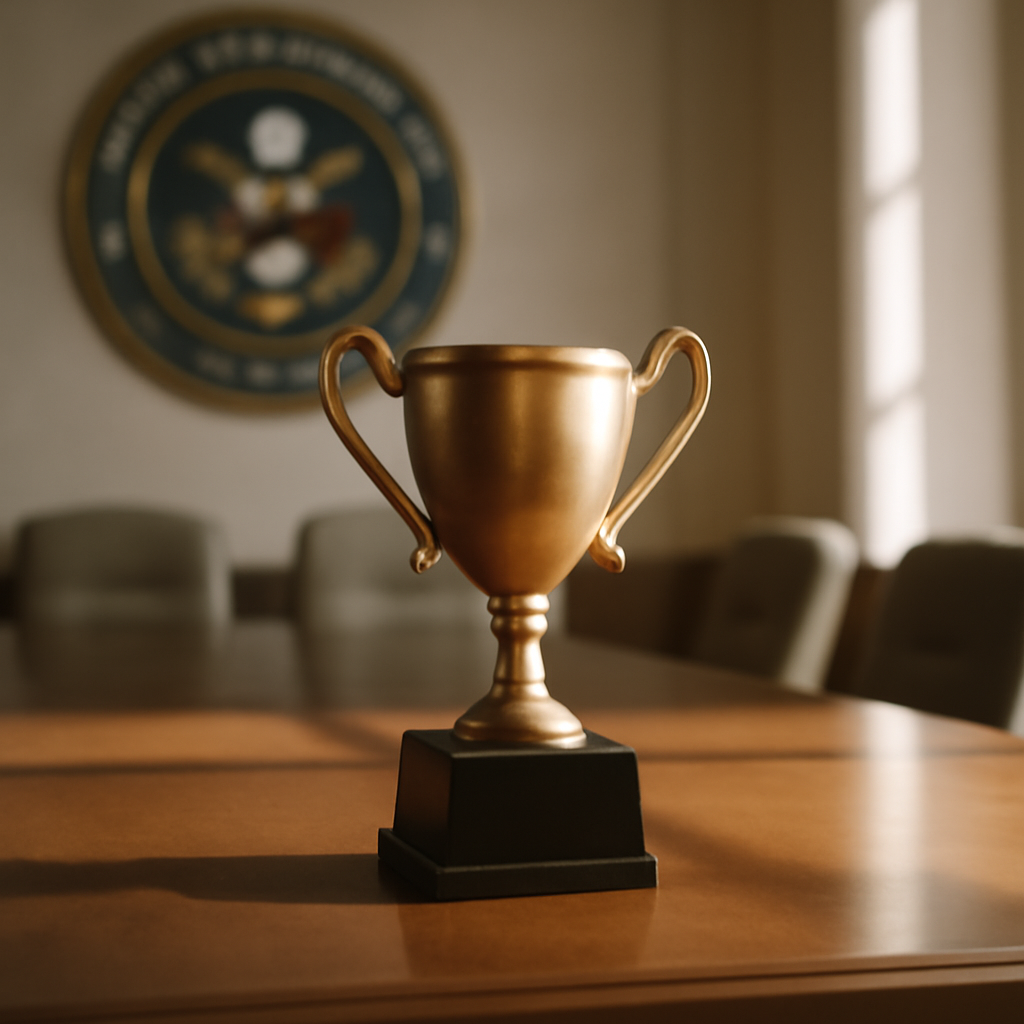 Trophy on formal table with subtle military emblem in background.
