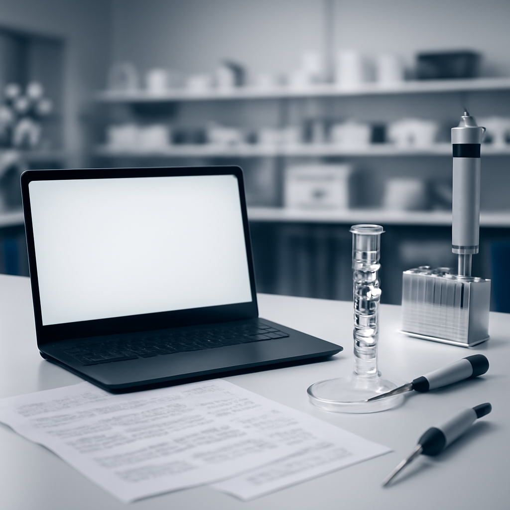 Laboratory workstation with laptop and scientific instruments in bright, neutral lighting.