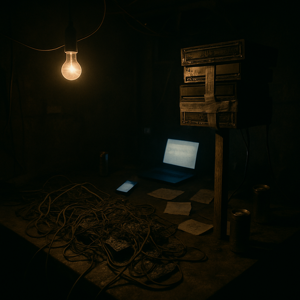Cluttered workshop with tangled wires, circuit boards, and glowing screens.