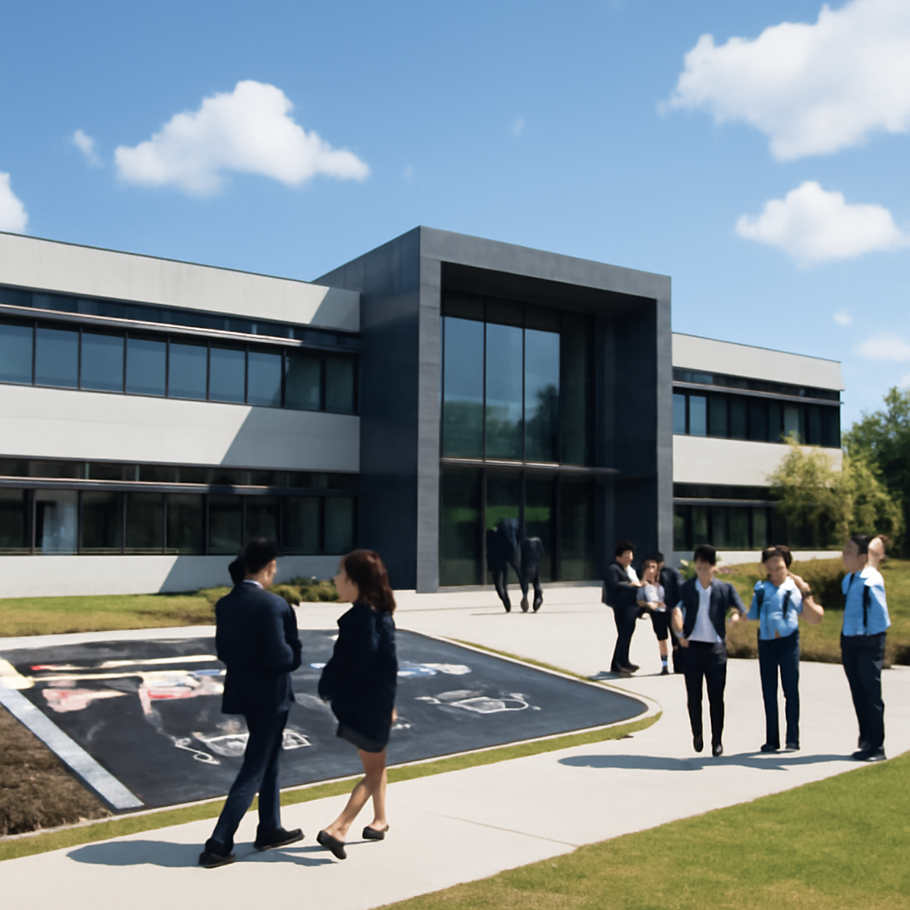 Modern think tank building in Canberra with Australian flag motif and people outside on a sunny day.
