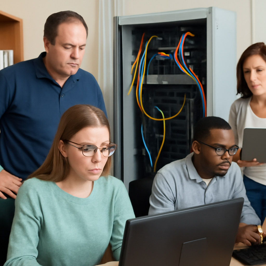 Concerned IT staff work at computer workstations in a brightly-lit office with networking equipment in the background.