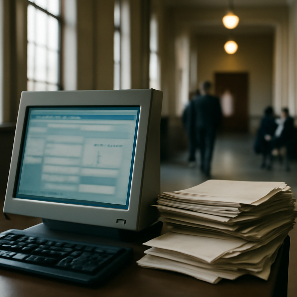 Courthouse interior with computer terminal and disheveled paper files near tall windows.
