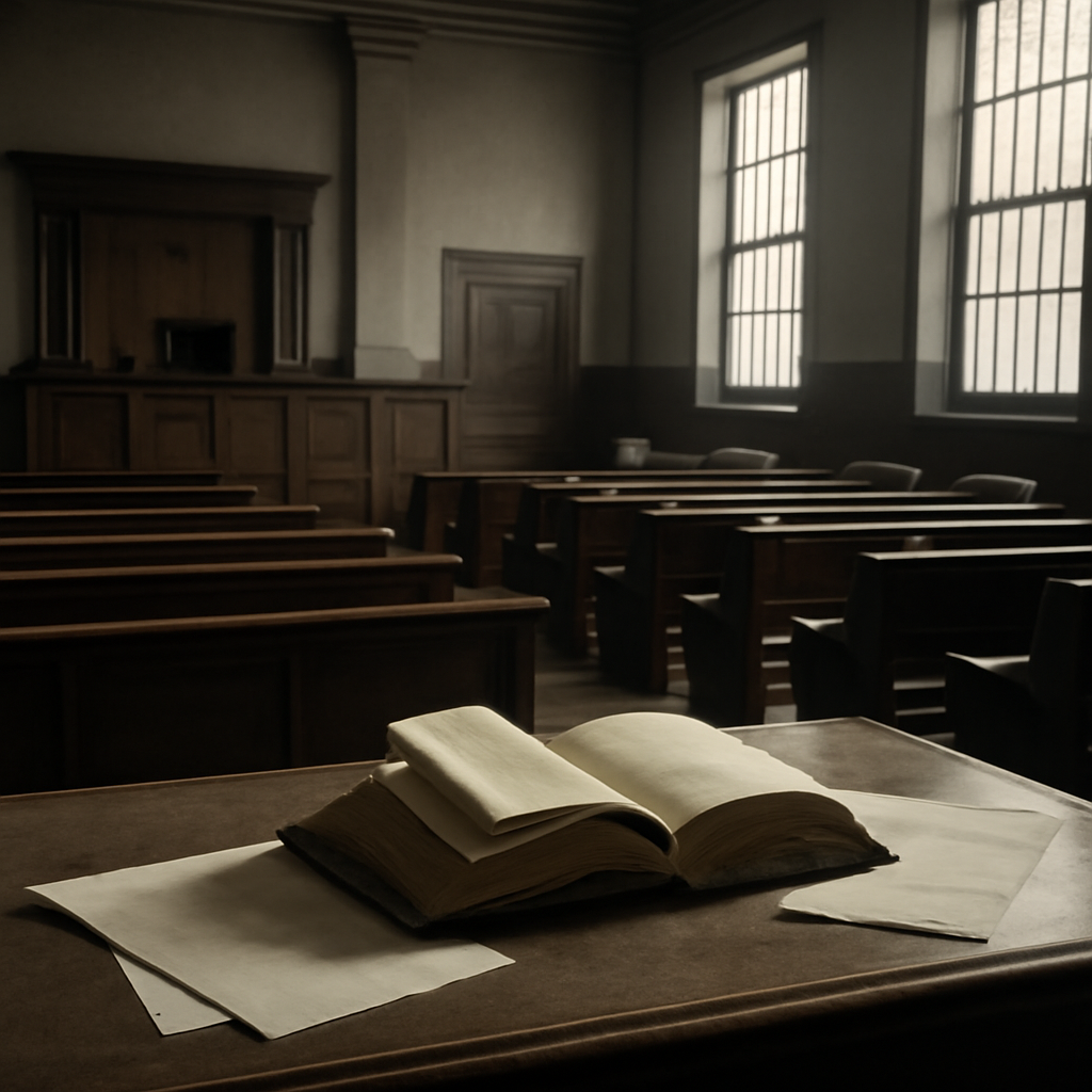 Dimly lit courtroom interior with empty pews, judge's bench, and scattered papers on a desk.