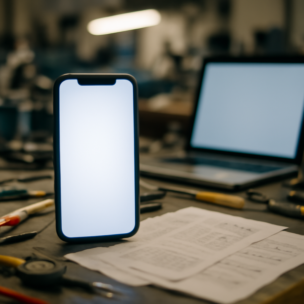 Smartphone on a cluttered workbench with tools and equipment in a research facility setting.