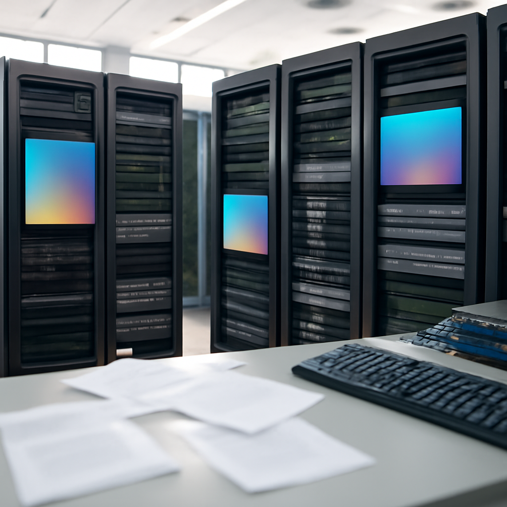 Rows of computer servers and storage systems in a brightly-lit data center with highlighted server screens and scattered…