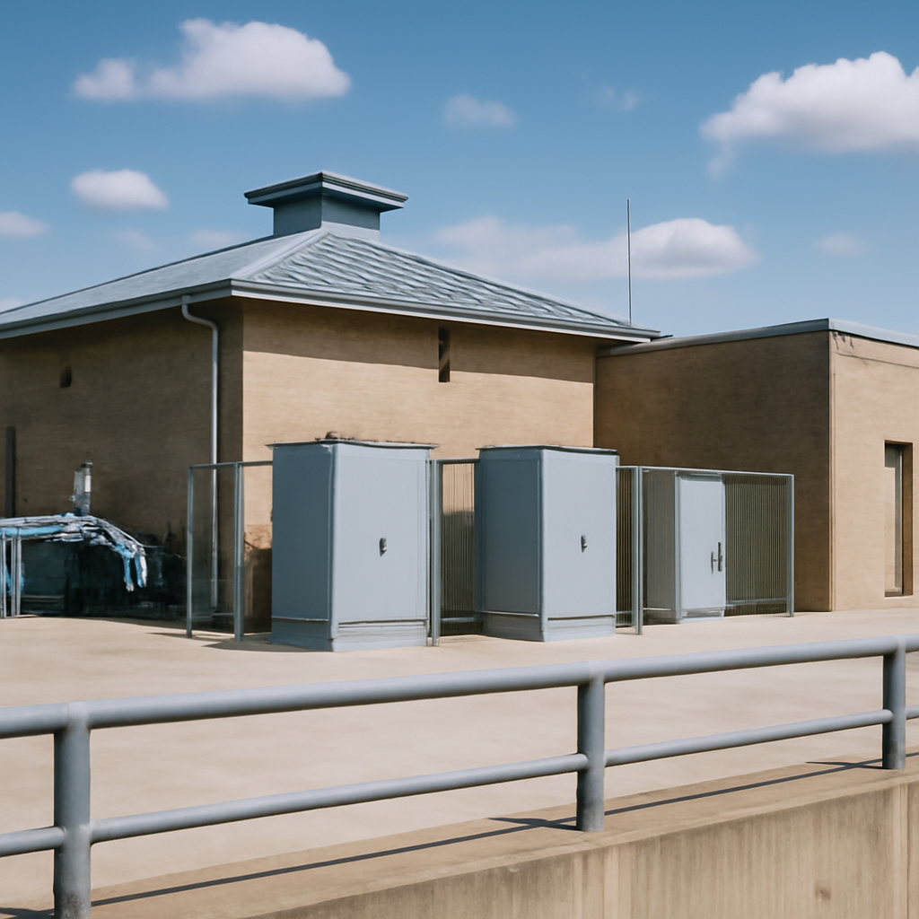 Municipal water treatment plant exterior with industrial control cabinets under a clear blue sky.