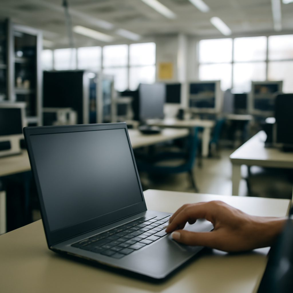 Blurred laptop screen on a desk in a brightly-lit office with rows of workstations in the background.