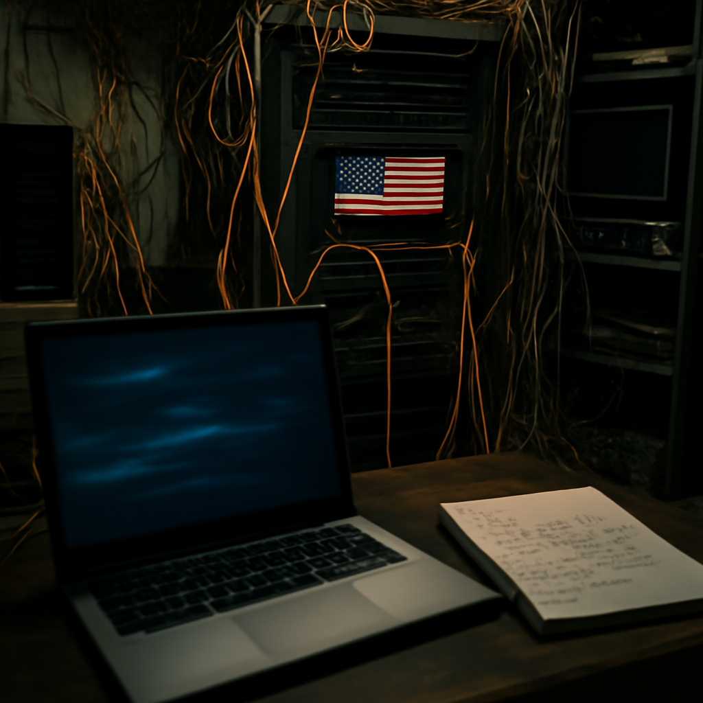 Cluttered server room with cables, equipment, and a laptop showing a blurred interface.