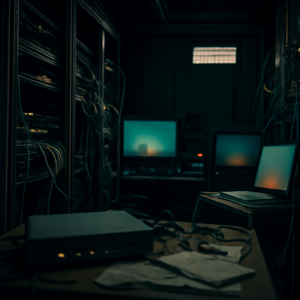 Dimly lit server room with rack-mounted equipment, cables, and screens displaying abstract content.