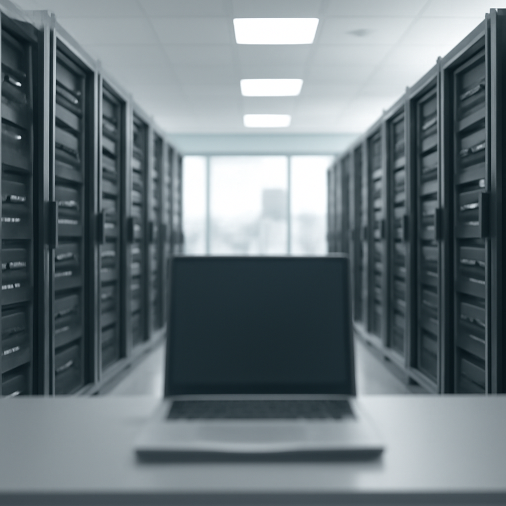 Modern data center with server racks and networking equipment, with a single laptop in the foreground.