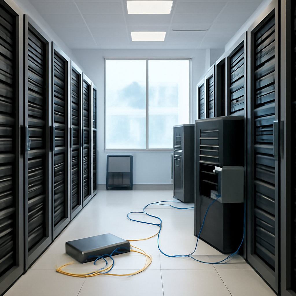 Rows of computer servers and storage equipment in a brightly-lit data center with one server's panel slightly open.