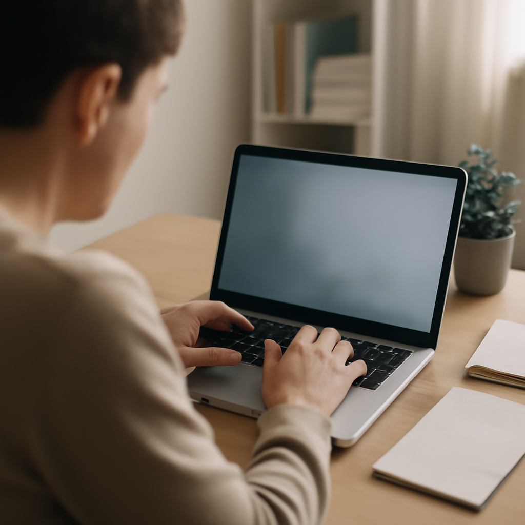 Person sitting at desk with laptop open, hands poised over keyboard.