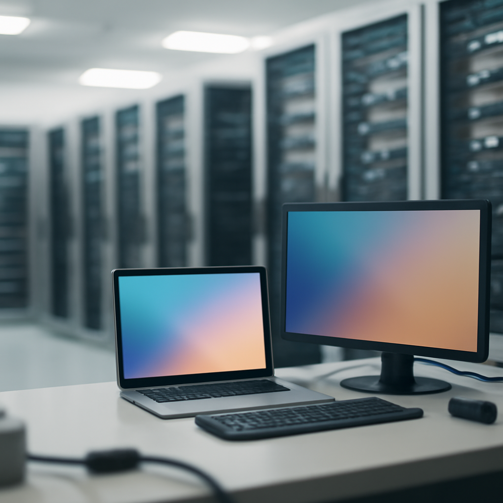 Empty tech company data center with servers and workstation in foreground.