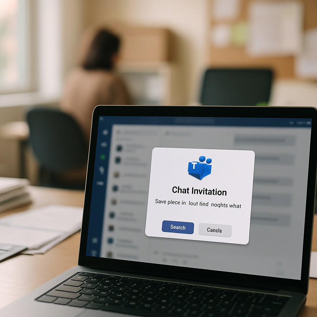Laptop screen displays Microsoft Teams chat invitation on office desk with papers and chair in background.