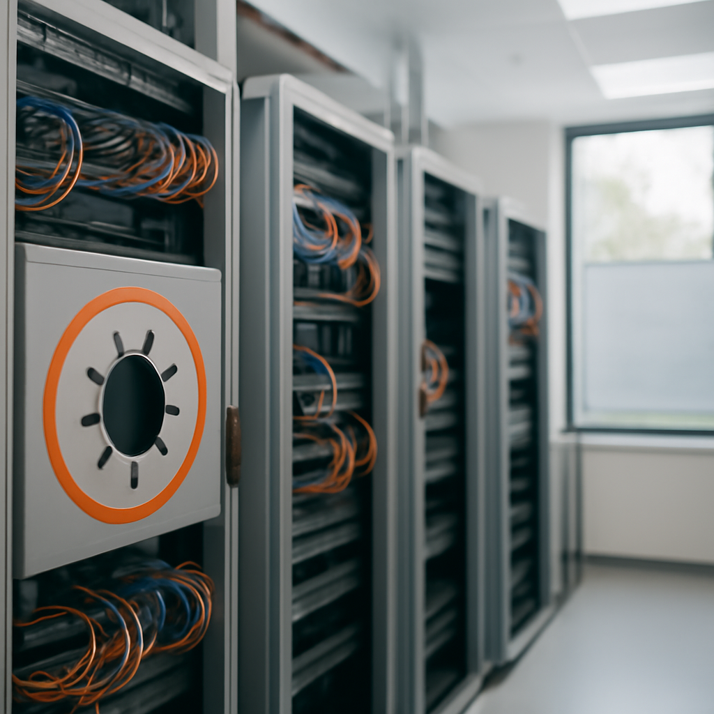 Server room with rows of racks and cables, one with a highlighted vulnerable system.