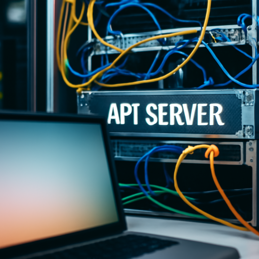 Networked computer system with API server setup and blurred laptop screen.