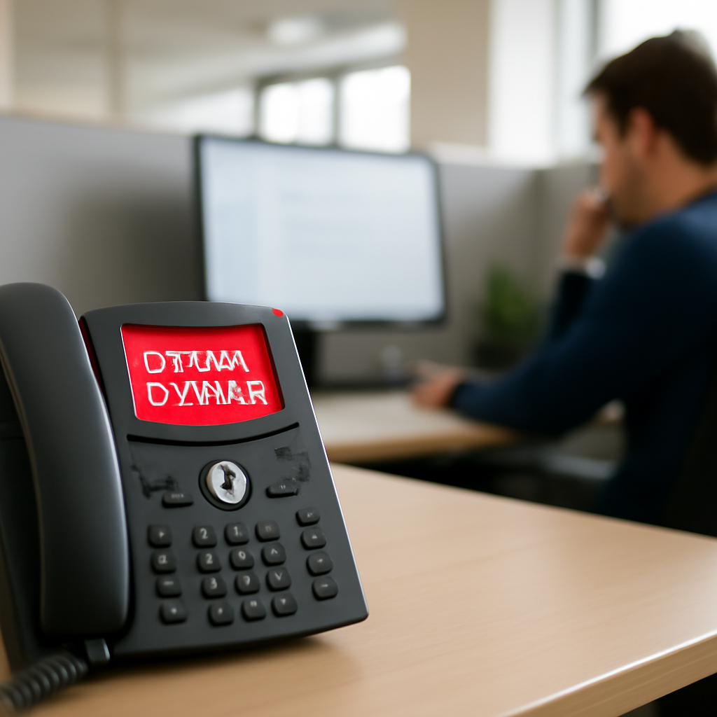 Brightly-lit office setting with phone on desk, blurred background, and corporate elements.