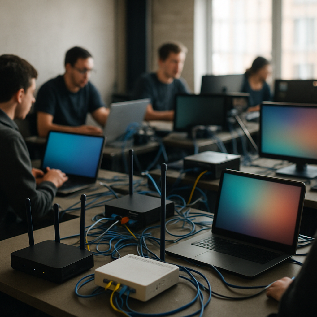 People work on computers in a dimly lit internet cafe or office surrounded by networking equipment.