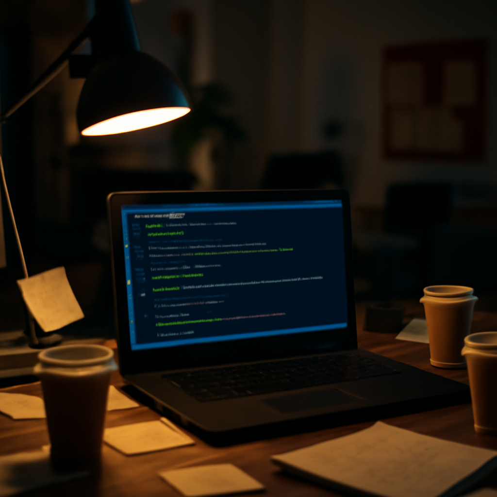 Cluttered computer workstation with code on laptop screen, notes, and coffee cups in dim lighting.