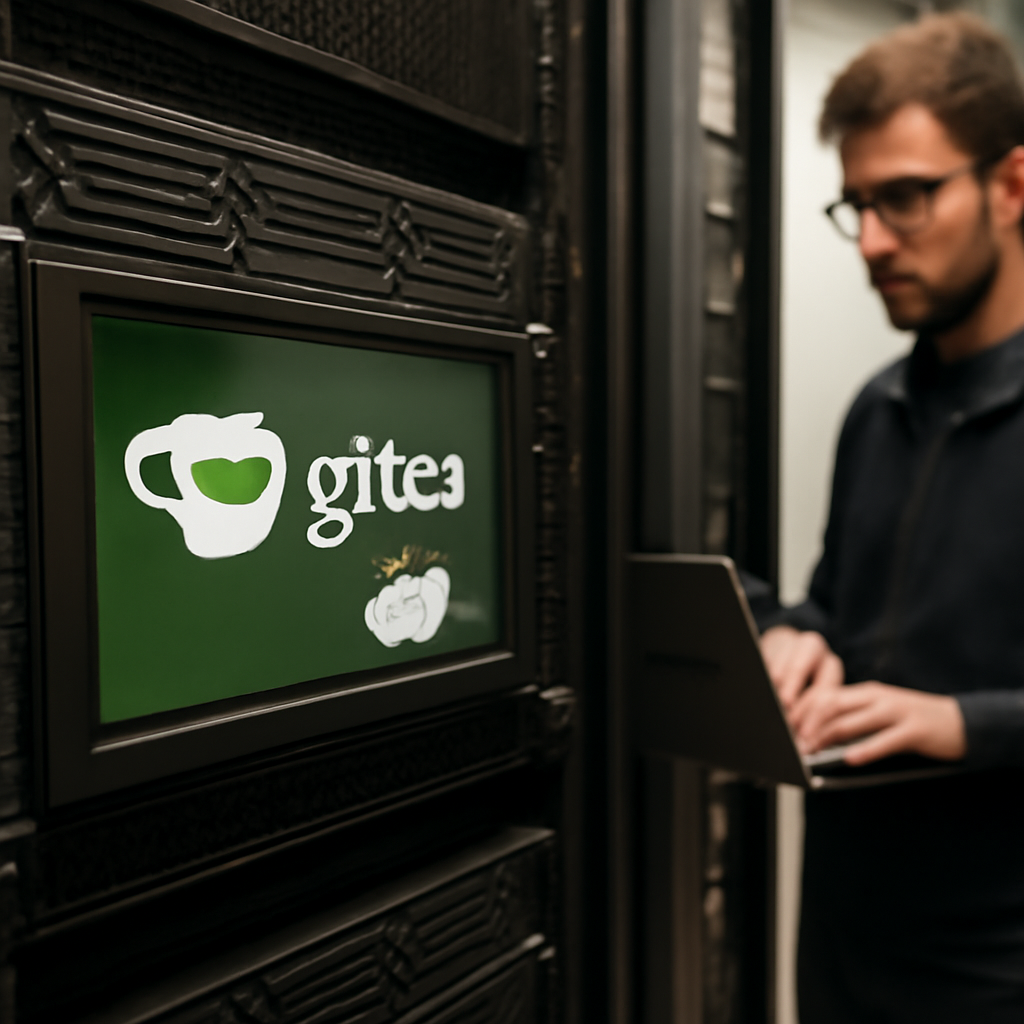 Security researcher examines laptop amidst servers with Gitea Docker setup.