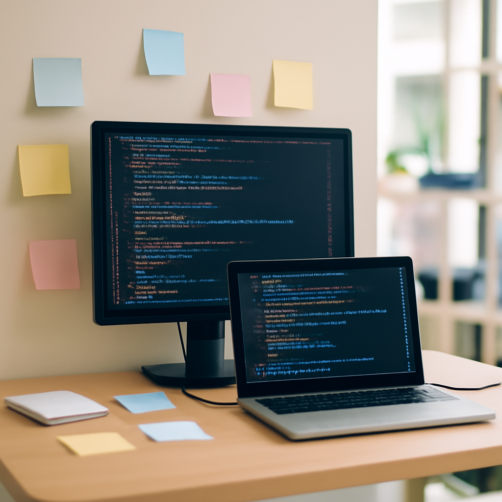 Software development workstation with laptop, monitor, and notes in a modern office setting.