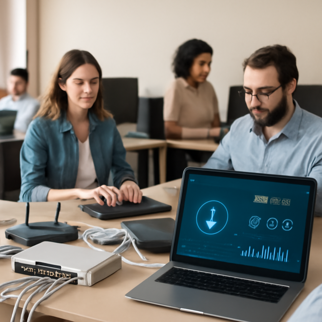 Employees work at desks in a brightly-lit office with computer equipment and networking devices, hinting at security…