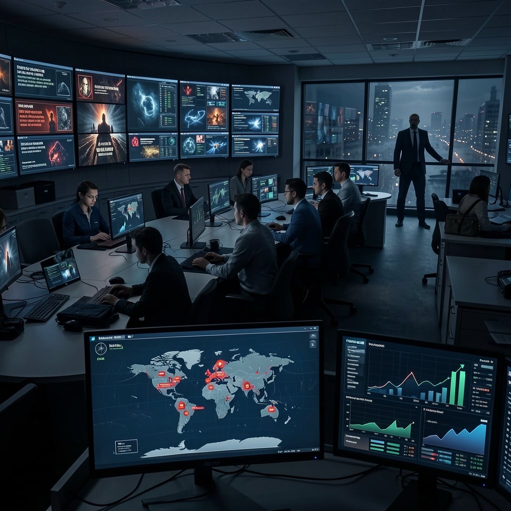 Security analysts respond to threats in a dimly lit operations center with multiple screens displaying alerts and…