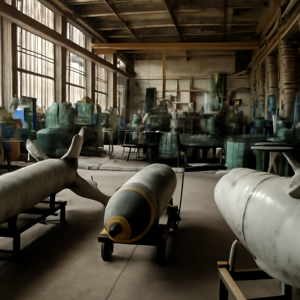 US defense industrial facility with machinery and equipment producing defense-related objects.