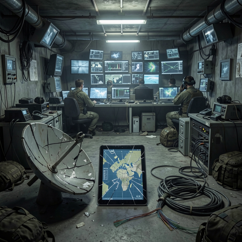 Dark command center with operators and gear, foreground shows broken satellite dish, cracked screen, and distorted radio,…