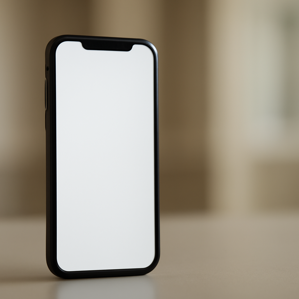 Smartphone with blank screen on neutral-colored surface.