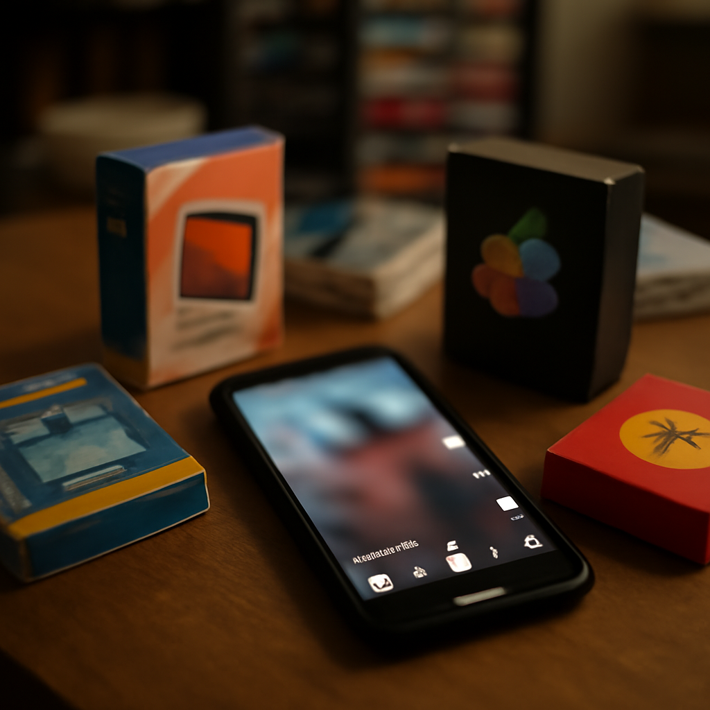 Smartphone with social media interface on screen surrounded by fake software packaging in a dimly lit room.