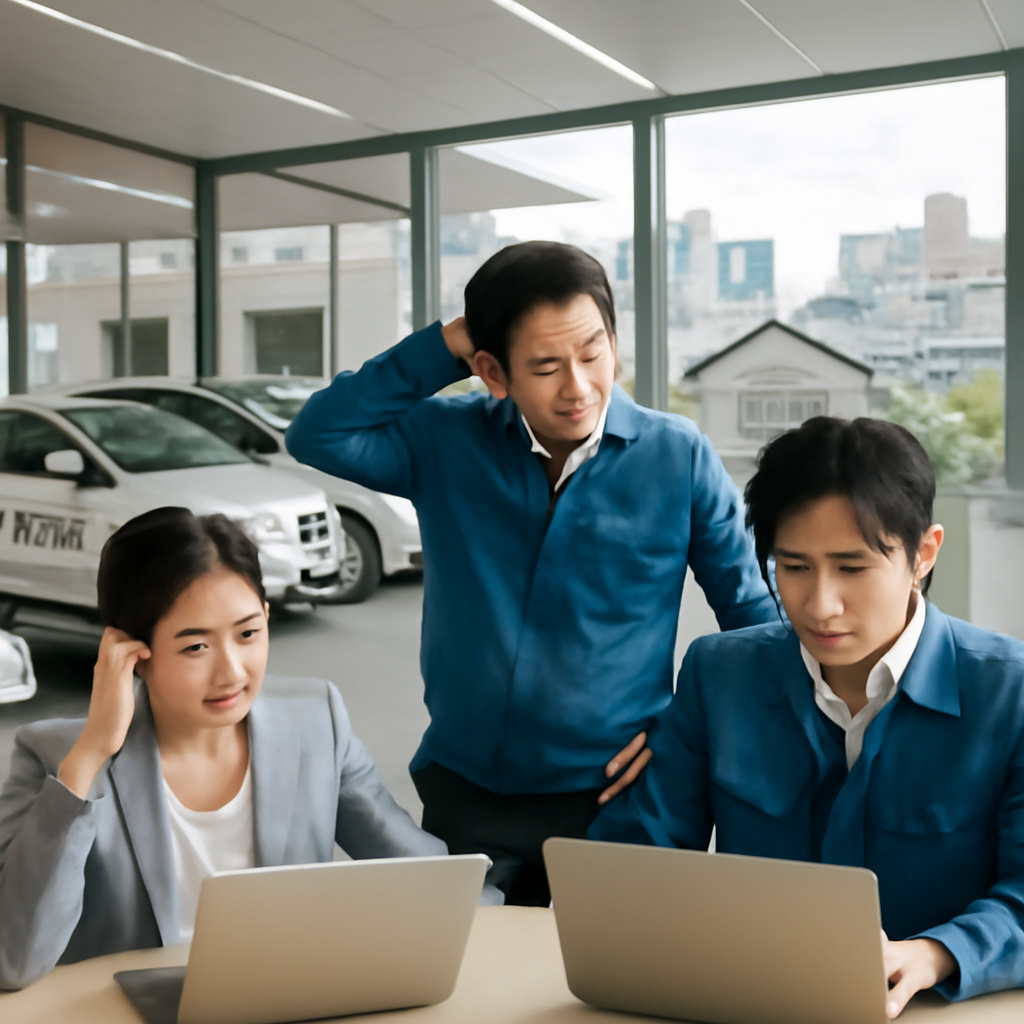 Concerned employees work at laptops in a brightly-lit car-sharing facility with parked cars and natural daylight.