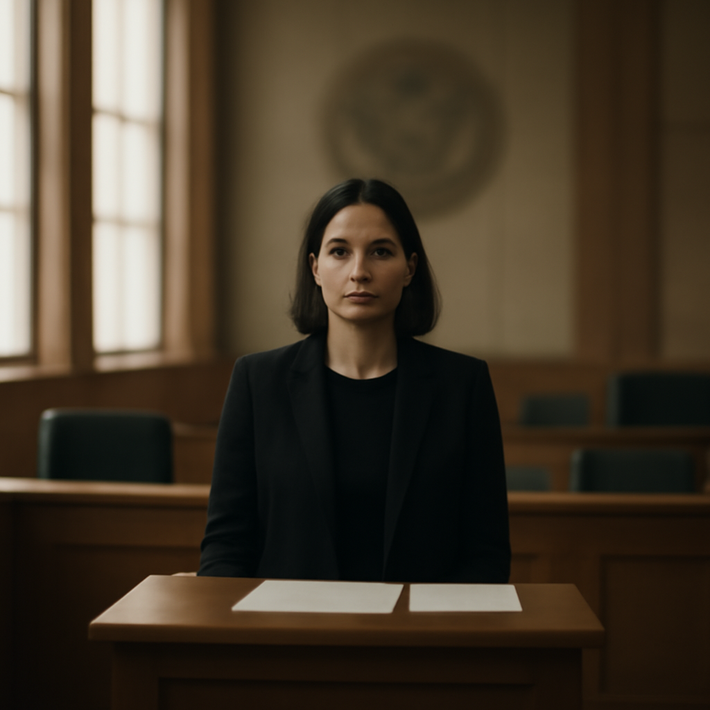 Government office setting with papers on a table and a blurred seal in the background, a person sits or stands in a neutral…