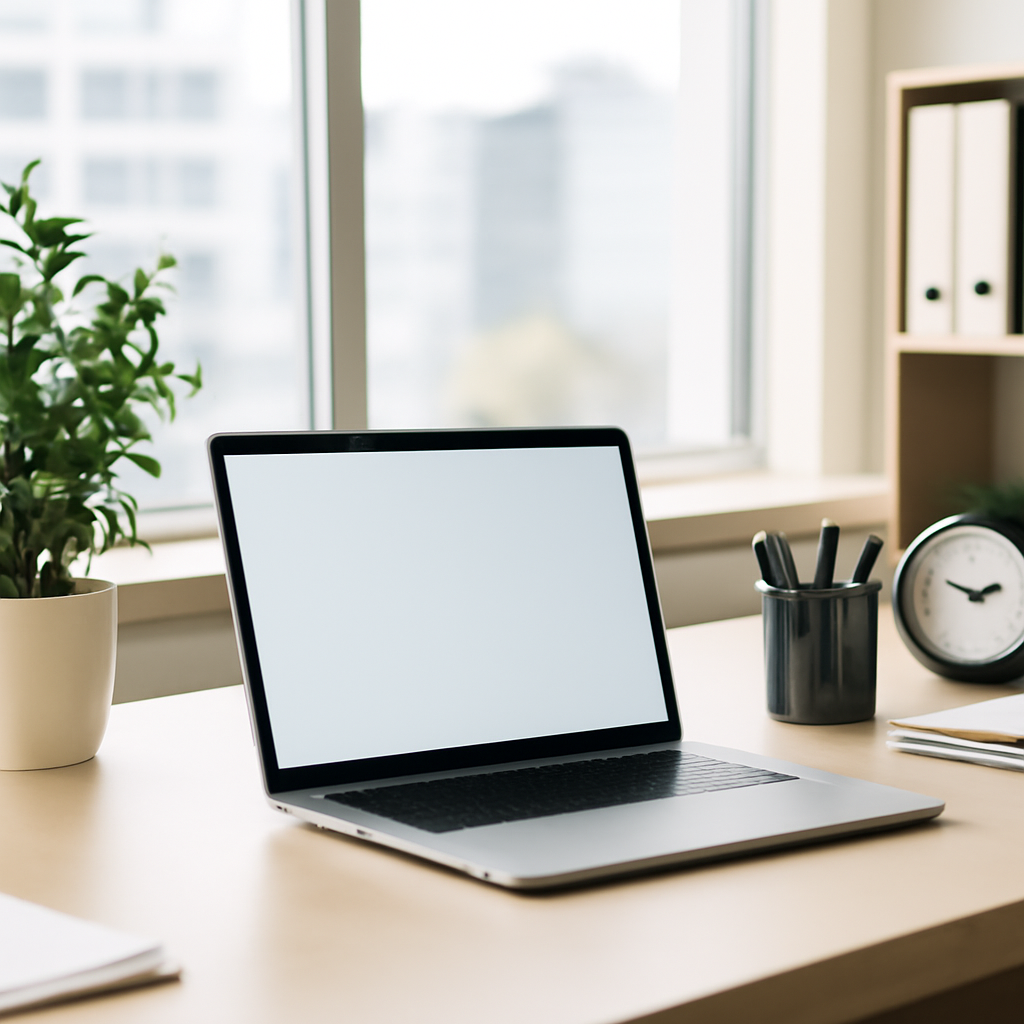 Corporate office setting with laptop on desk and cityscape through window.