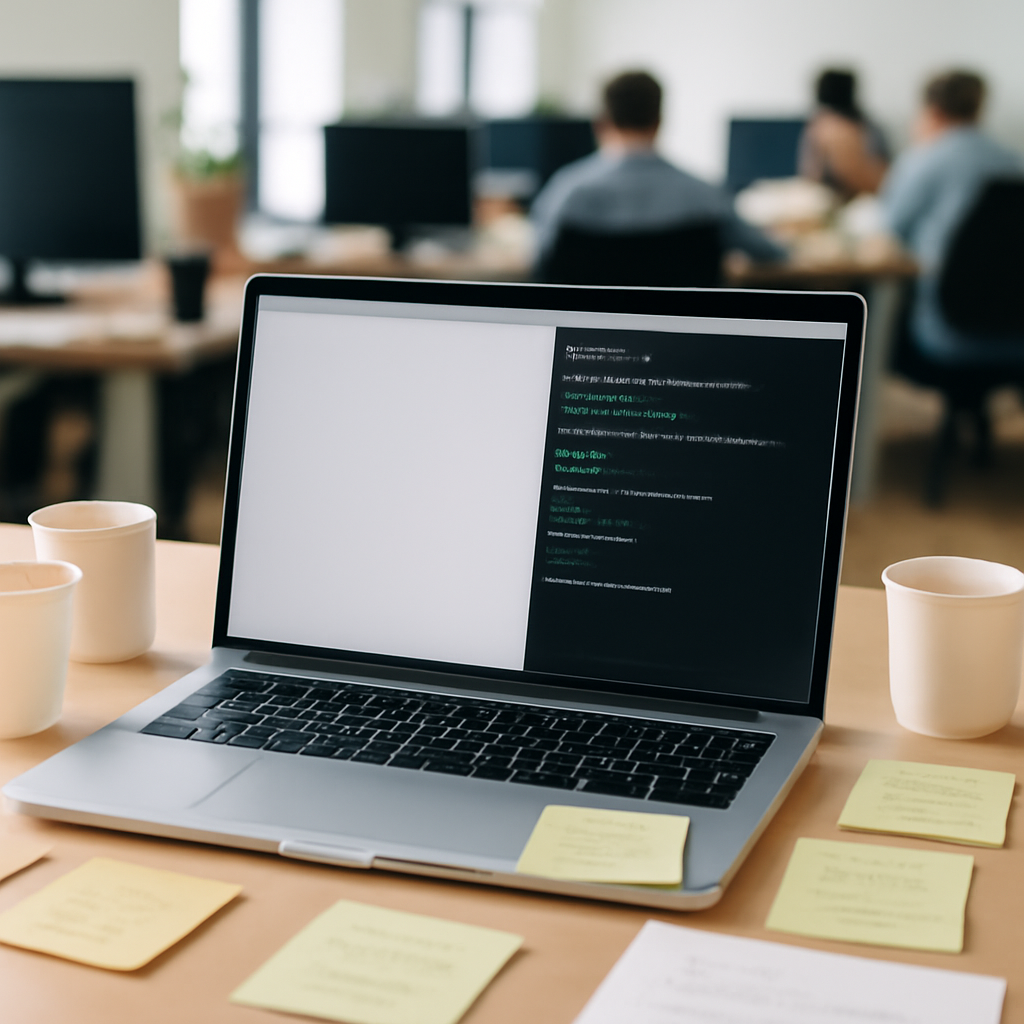 Developer workstation with laptop and terminal window, surrounded by notes and coffee cups, in a busy software development…