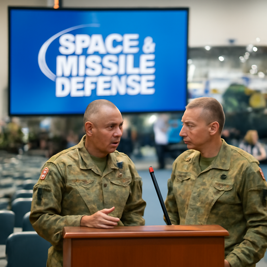 Two military leaders converse at a podium in a formal conference setting.