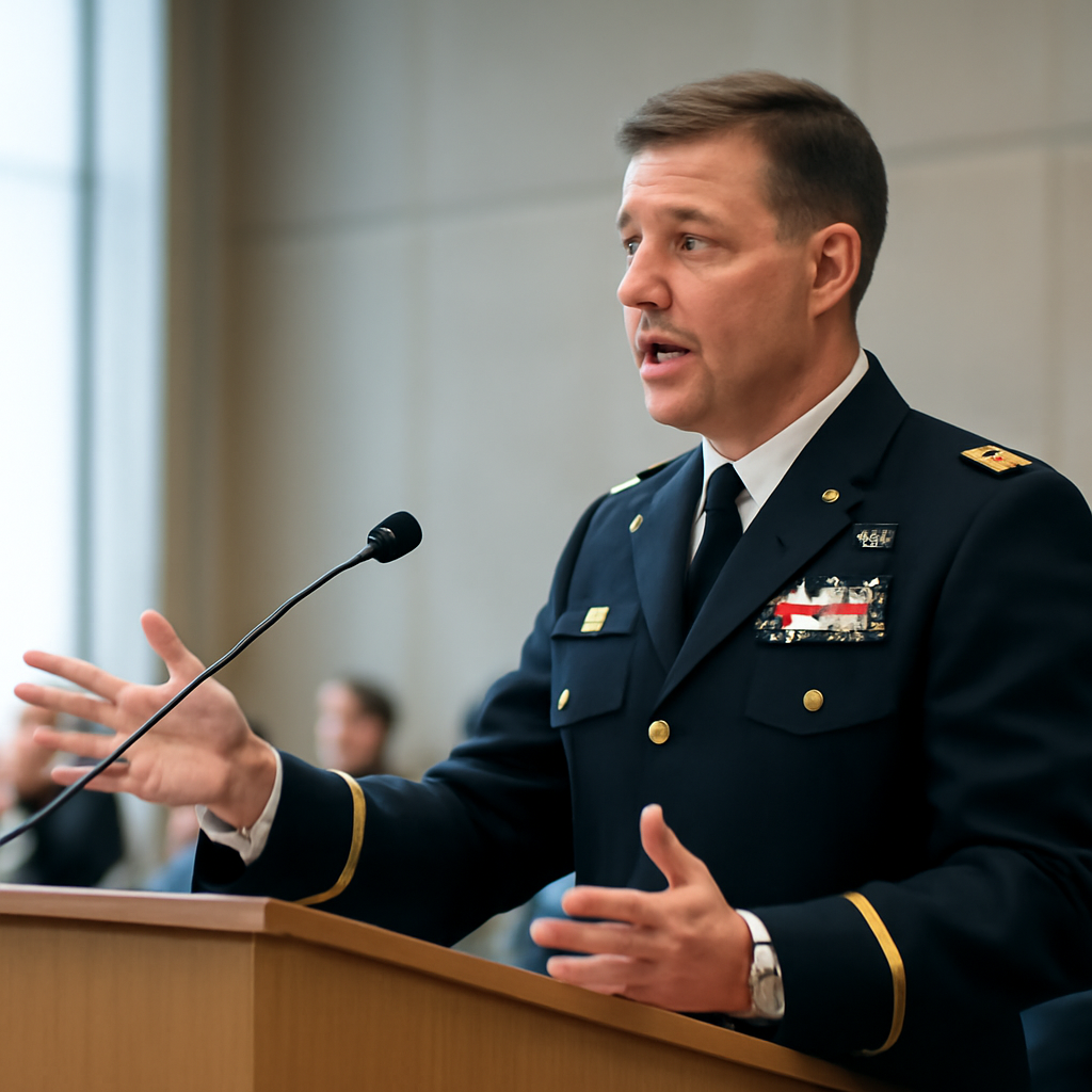Military officer speaks at podium with blurred audience in background.