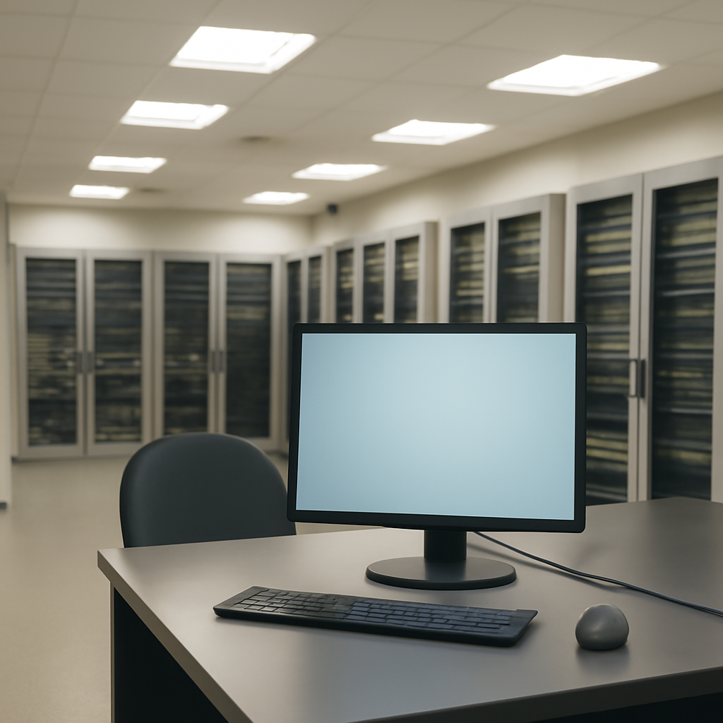 Empty workstation in front of rows of computer servers in a brightly-lit data center.