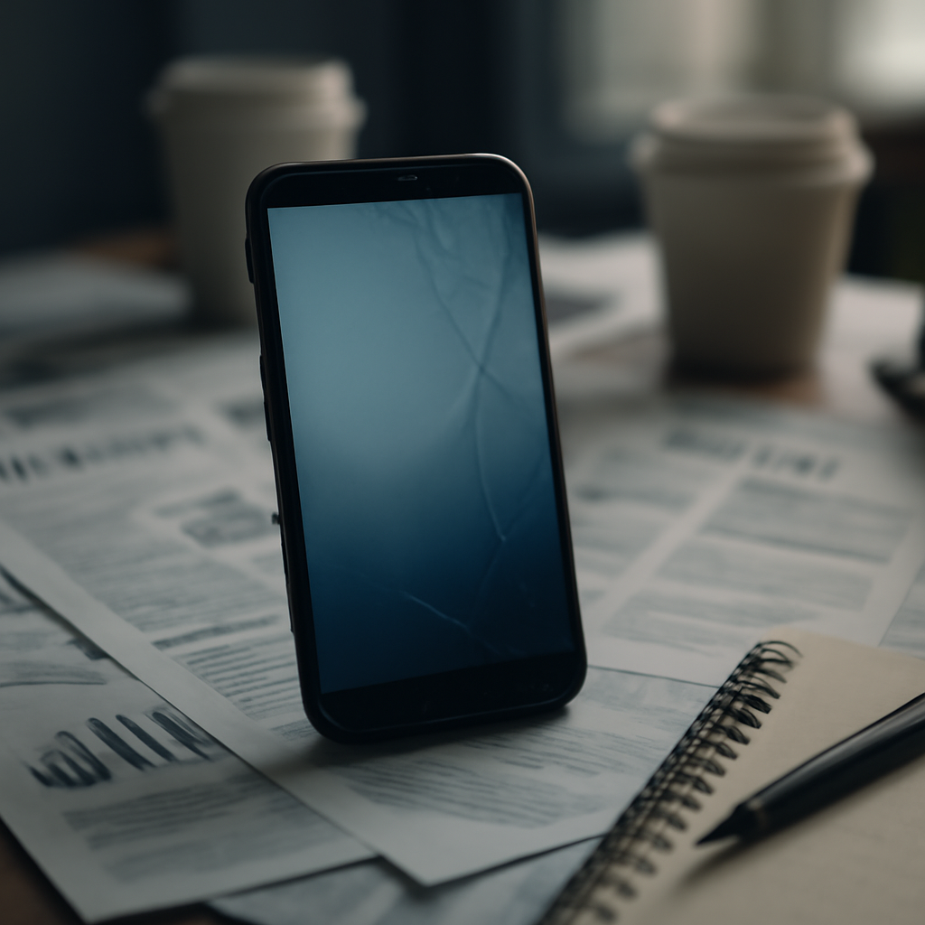 Cracked smartphone lies on cluttered desk surrounded by scattered papers and office supplies.
