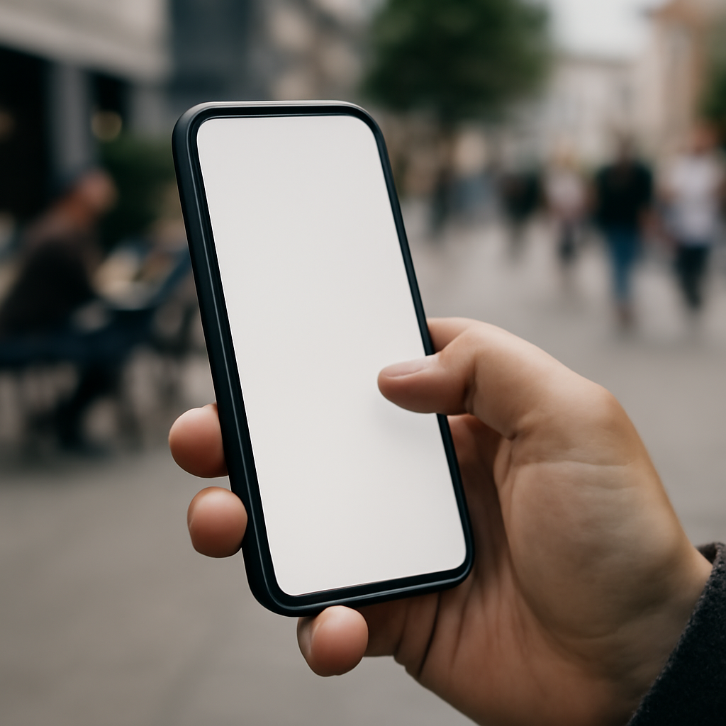 Person holding smartphone with blank screen, thumb hovering, in a blurred public setting.