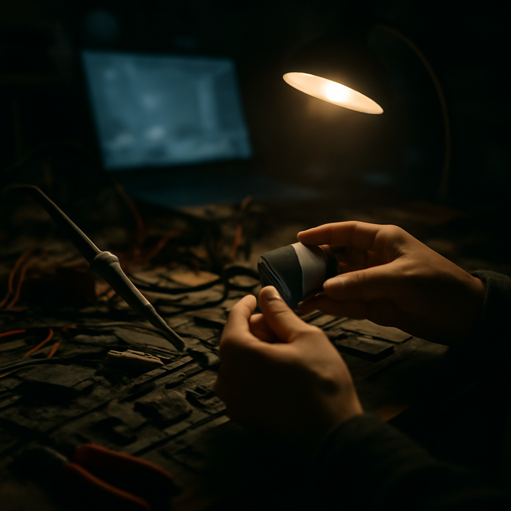 A cluttered electronics workshop with a person soldering a circuit board.